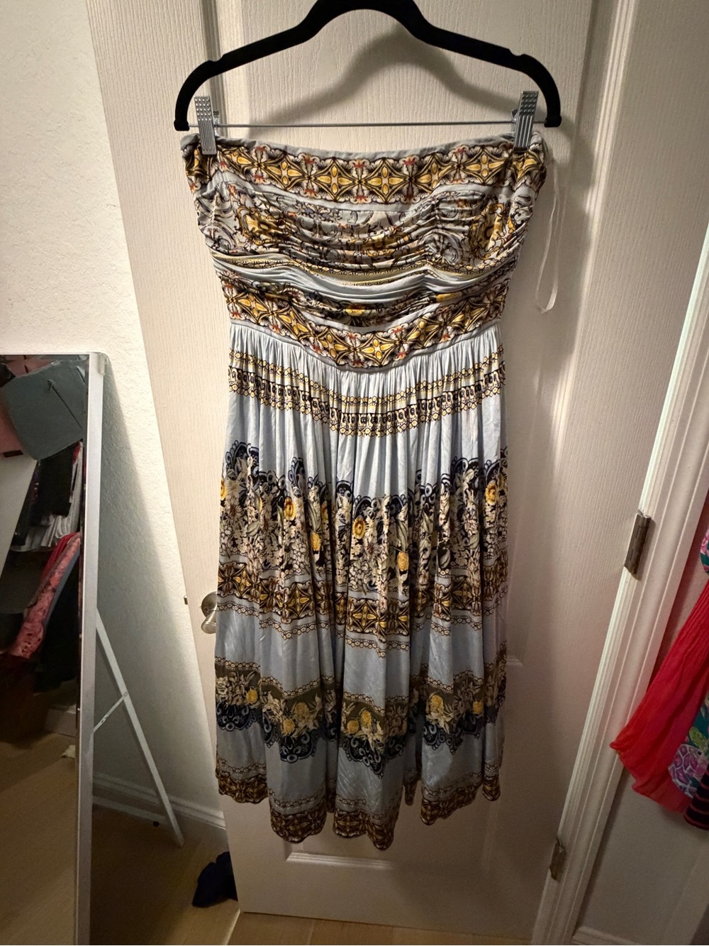 White House Black Market Strapless Smocked Midi Dress in Light Blue and Gold